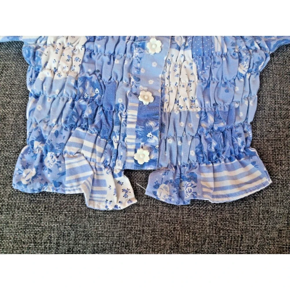 Aero Blu Shirt Size 4 Girls Blue White Quilt Print Vintage Short Sleeve Ruffles
